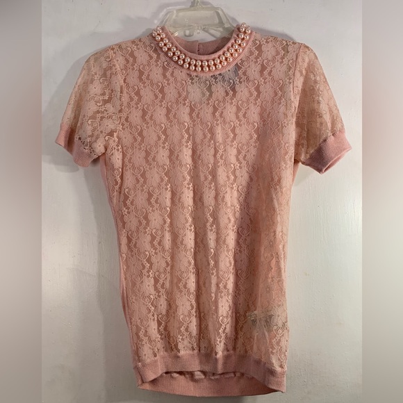 Theodore Twelve Los Angeles Pearl Collar & Lace Short Sleeved Pink Top, Size: M - Picture 1 of 10